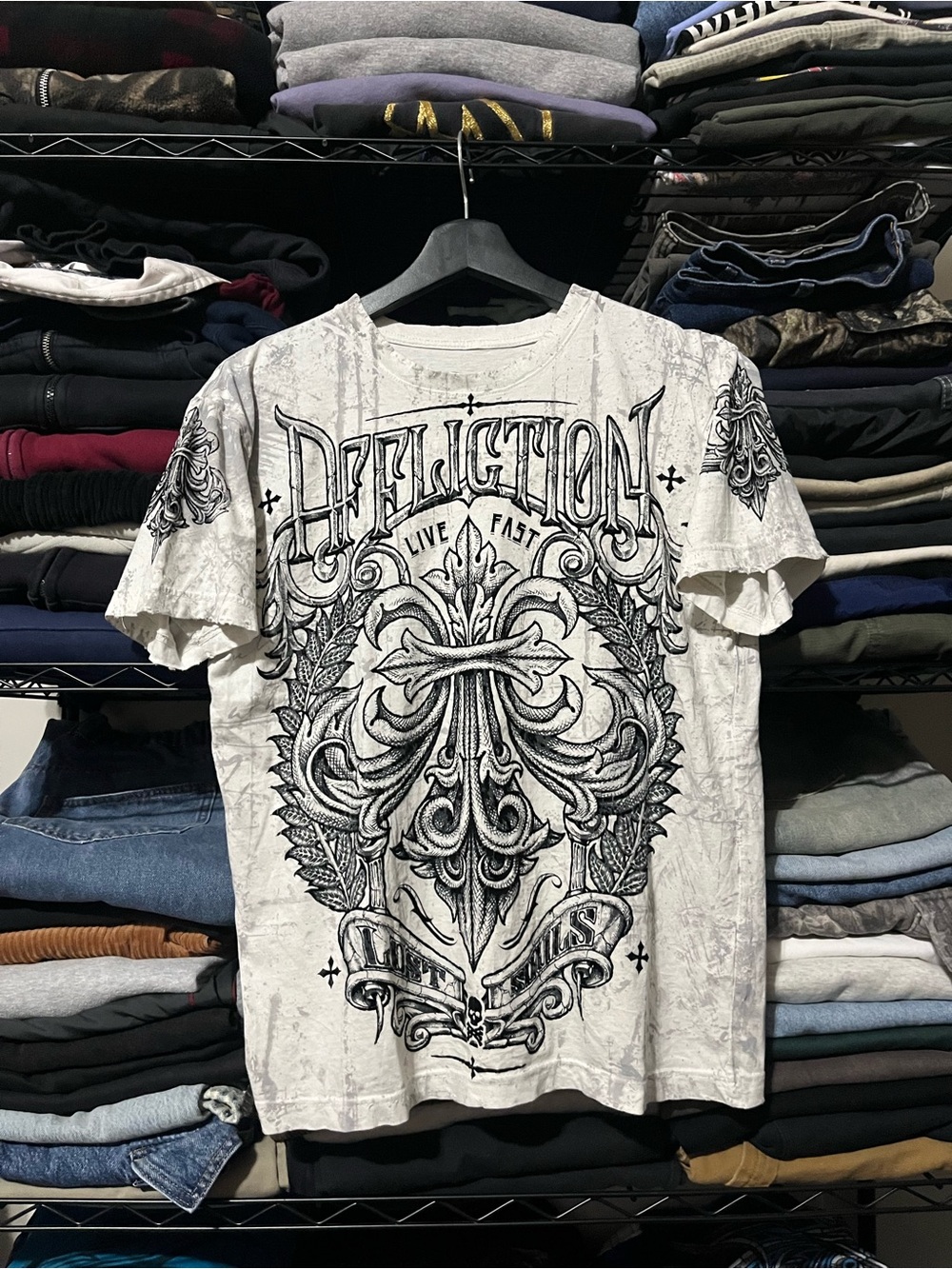 Affliction White Short Sleeve Graphic Tee with Ornate Cross Artwork